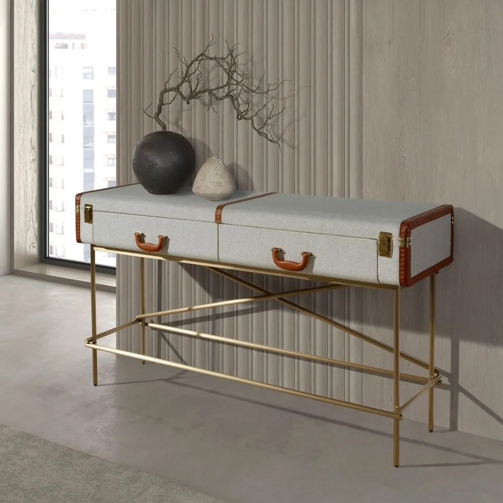 Consola LUX design italian, Tesatura gri deschis, Piele, Metal Golden