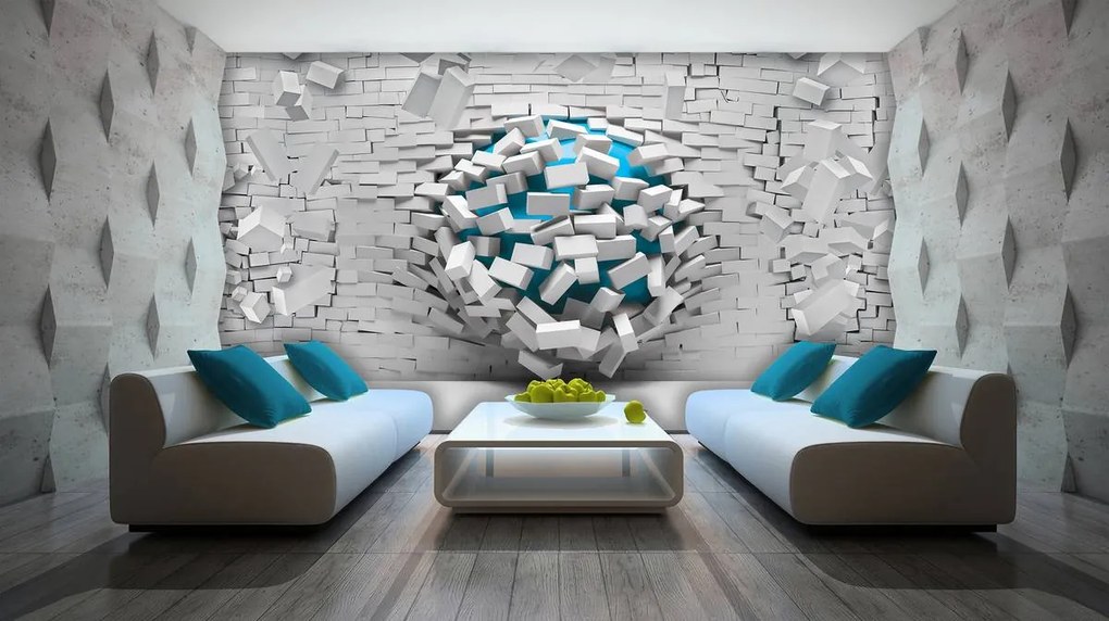 Fototapet - 3D mingea albastră și peretele alb din cărămizi (152,5x104 cm), în 8 de alte dimensiuni noi