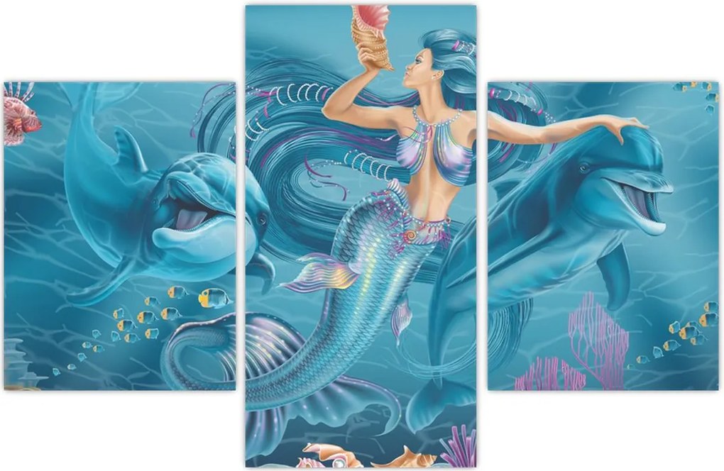 Tablou - Sirenă cu delfini (90x60 cm)