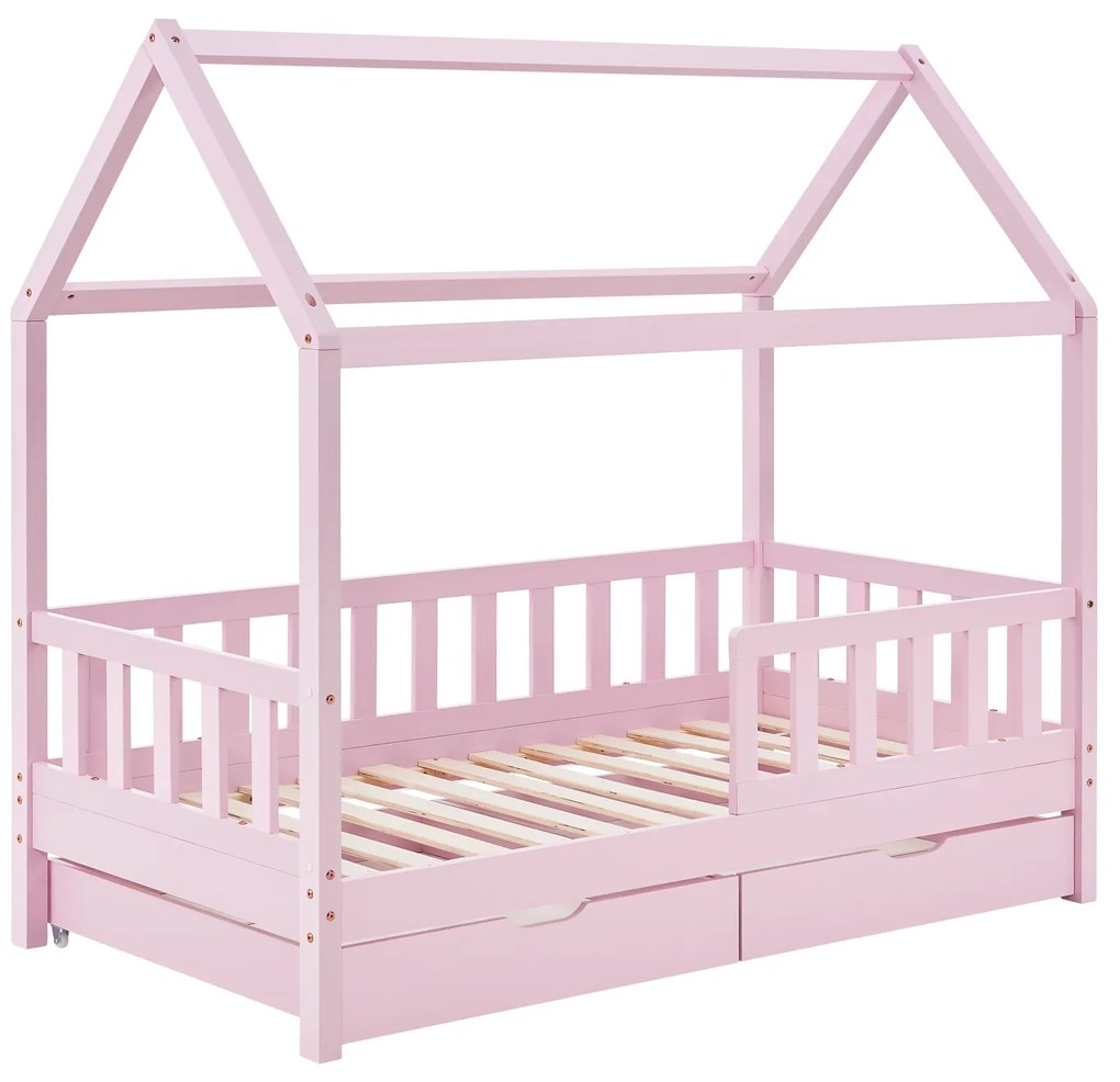 Patut Marli 90 x 200 cm cu 2 sertare si grilaj sipci - roz