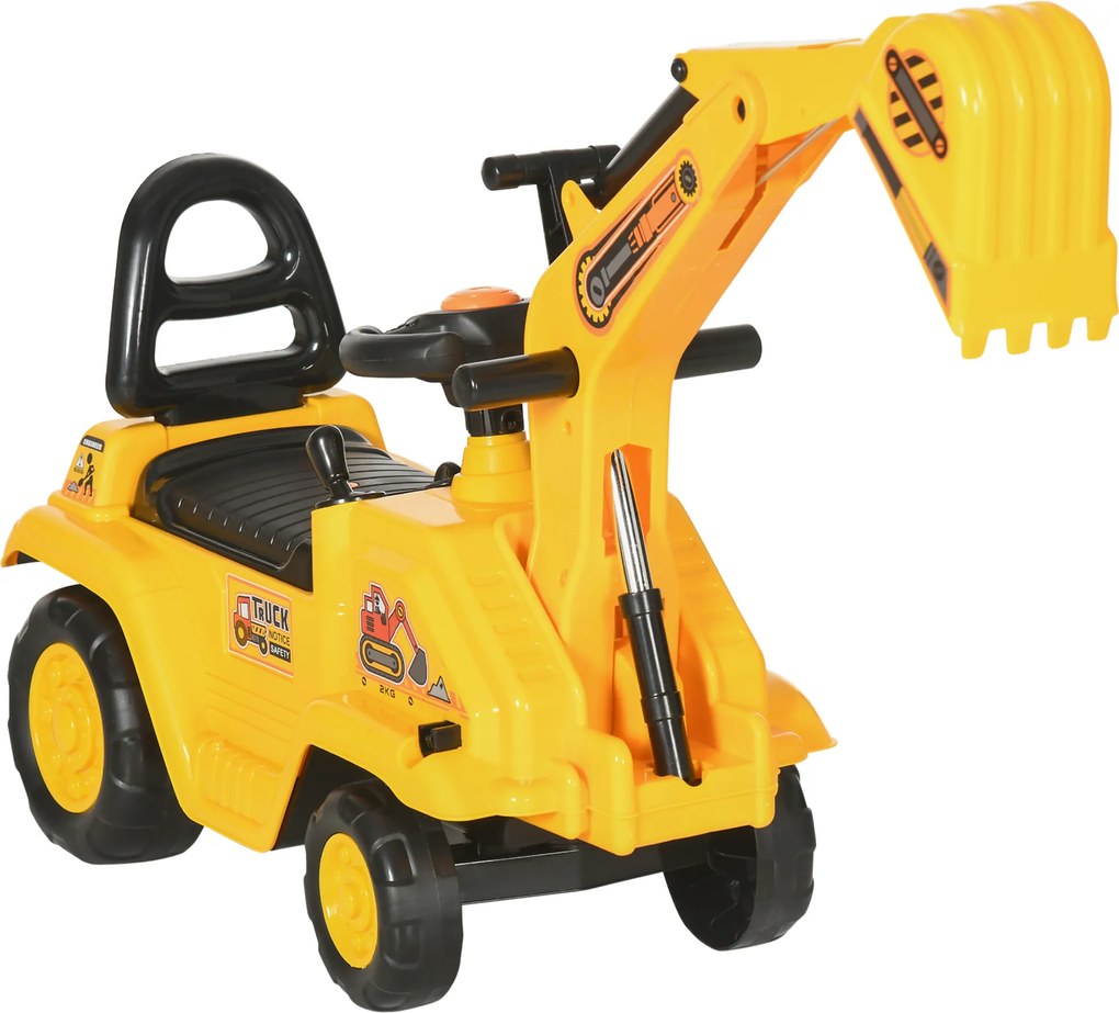 HOMCOM Excavator pentru copii cu cupă și spațiu de depozitare, claxon, volan, 18-48 luni, galben | Aosom Romania
