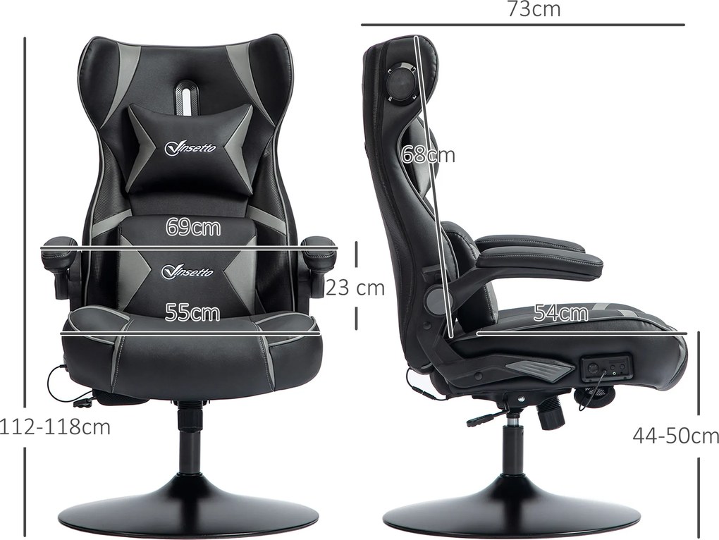 Vinsetto Fotoliu Gaming cu functie de leganare si difuzor, suport lombar si cervical, pentru camera de jocuri, Piele artificiala, Gri+Negru | Aosom Romania