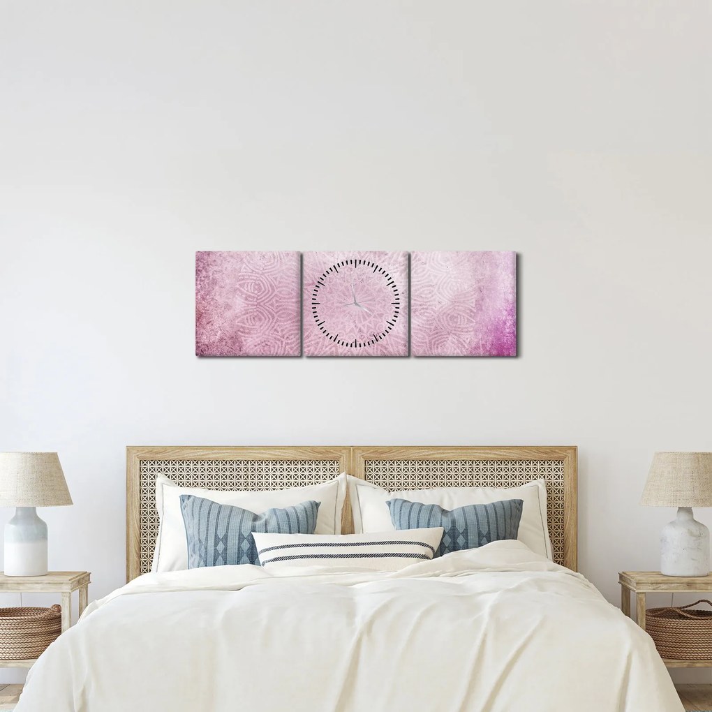 Tablou - Mandala pe zid roz (cu ceas) (90x30 cm)