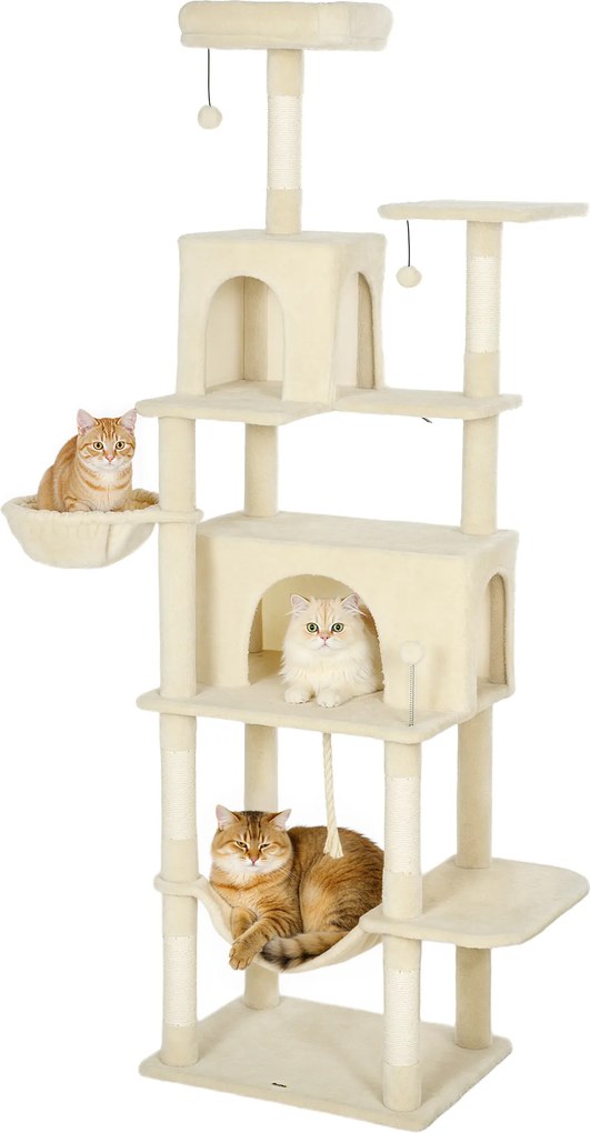 PawHut Copac zgârietor pentru pisici cu platformă, turn escaladă pentru pisici cu pat, peșteri, stâlpi din sisal 60x48x202 cm Bej | Aosom Romania