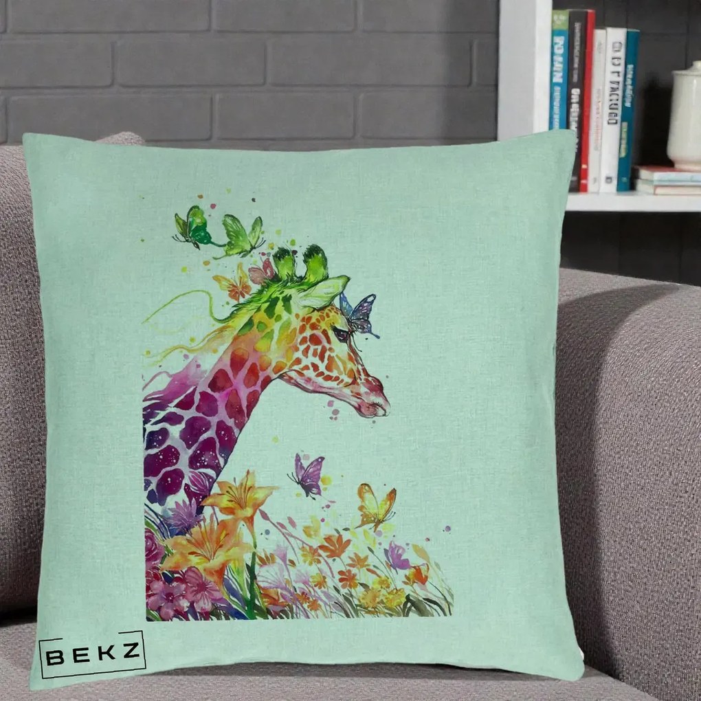 Perna Decorativa Girafa Curcubeu Acuarela, 40x40 cm, Verde Menta, Husa Detasabila, Perna Inclusa, BEKZ®