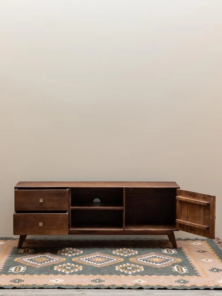 Comodă TV retro, din lemn de mango, maro, cu 2 sertare, o ușă, raft și butoni din alamă, 57 x 150 x 35 cm, „Farrah”