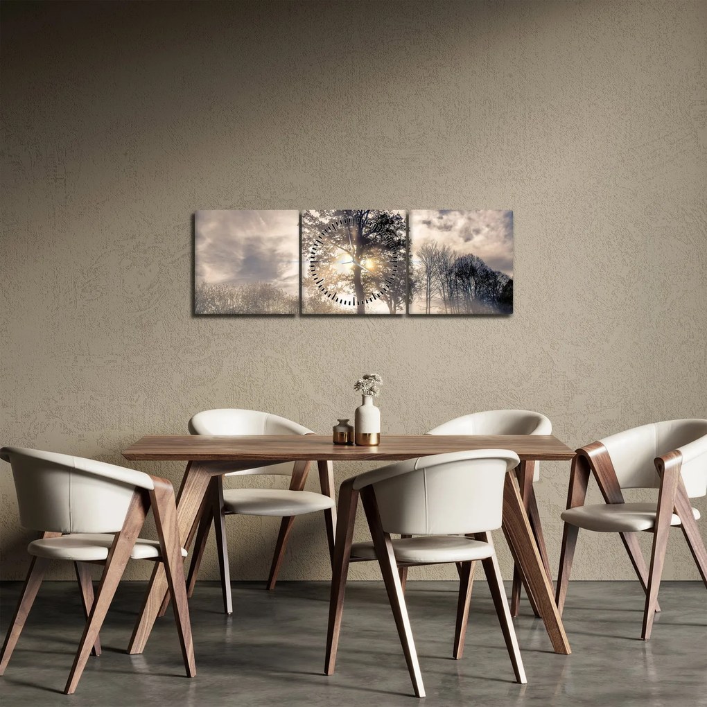 Tablou cu copac în ceață (cu ceas) (90x30 cm)