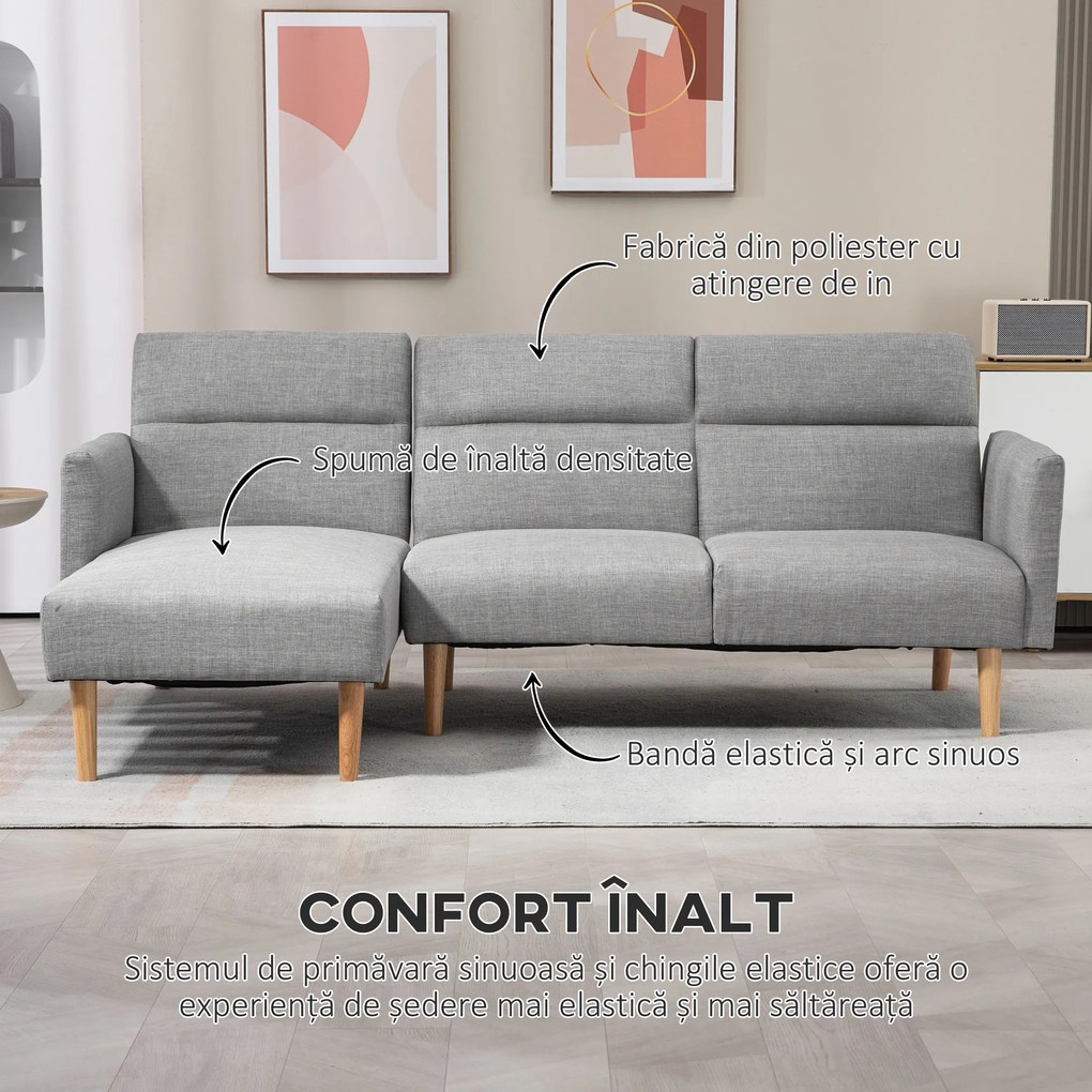 HOMCOM Canapea Extensibila cu 3 Locuri, Canapea pe Colt din Tesatura Gri cu Spatar Reglabil, Stil Scandinav, 207x146x80cm | Aosom Romania
