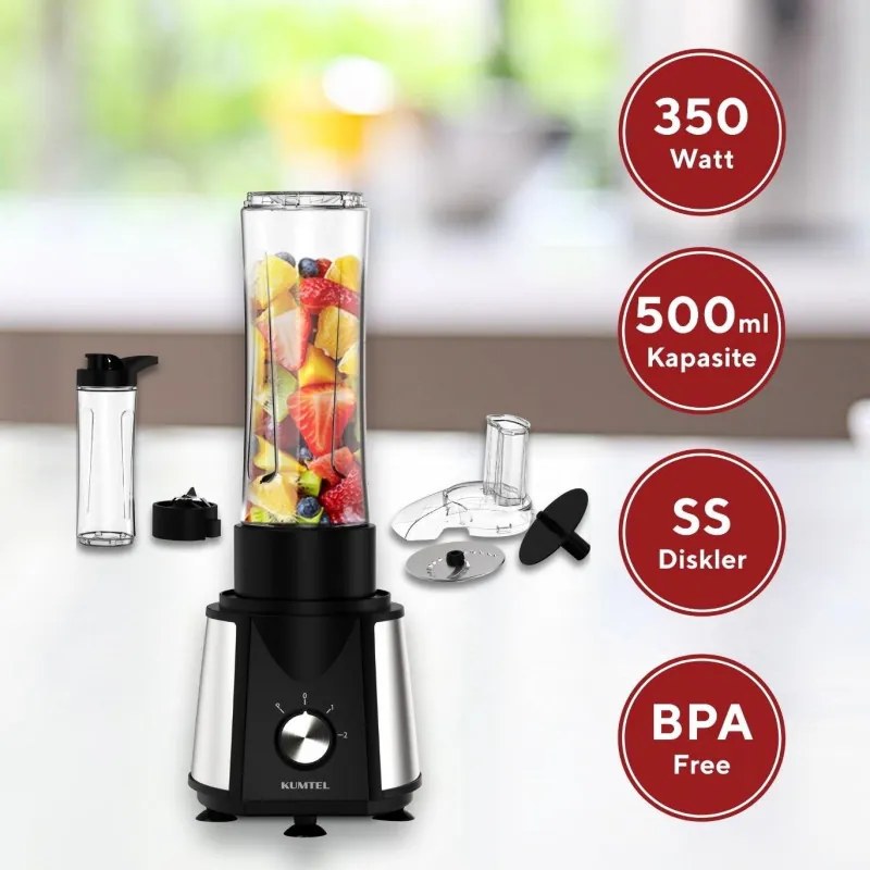 Robot de bucatarie 3in1 Kumtel HFP-02, 350W, Blender, Tocator, Razatoare, 500ml, 2 viteze, Fara BPA, Inox / Negru