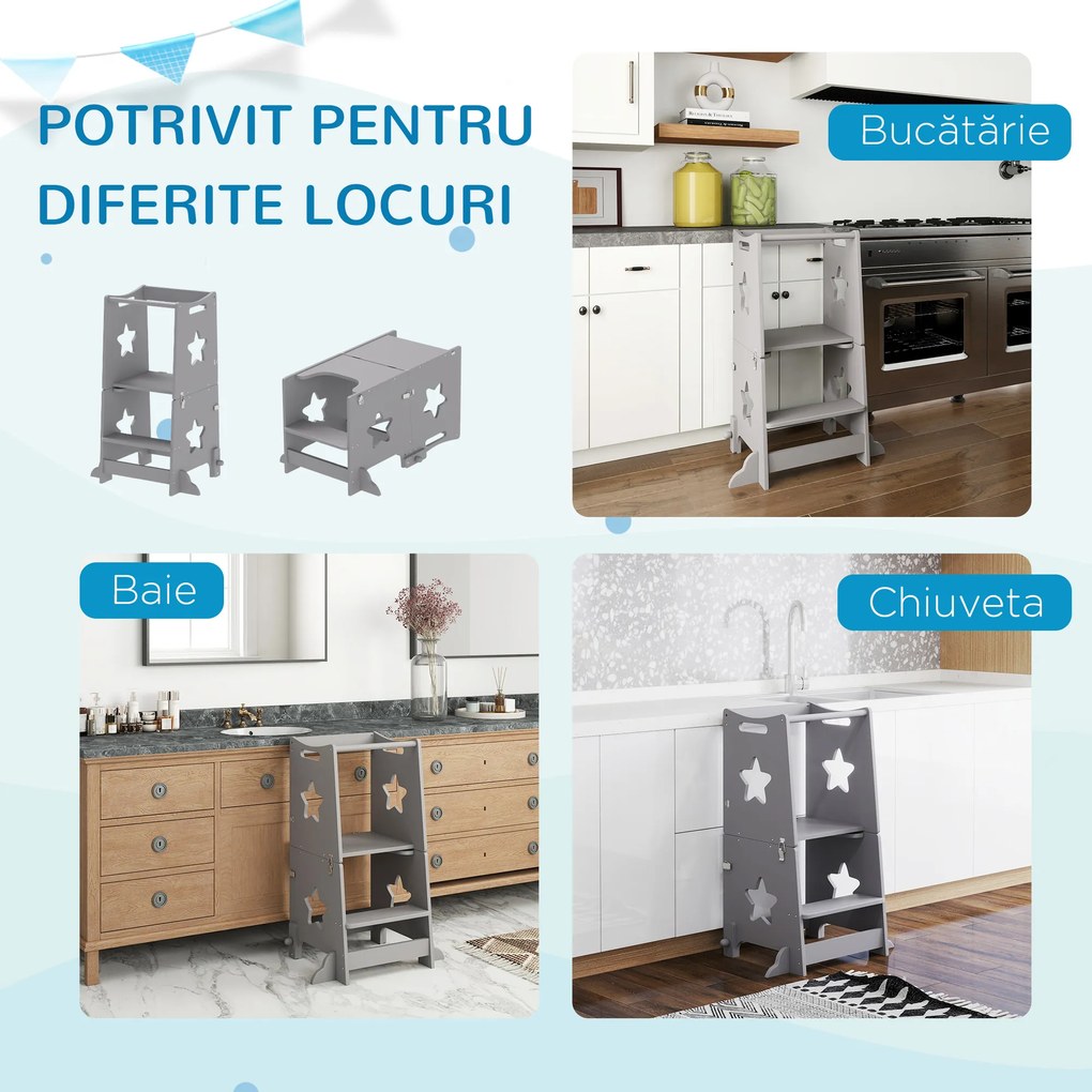 AIYAPLAY Scăunel 2 în 1 pentru Copii cu Bară de Siguranță pentru Bucătărie, Baie, Alb | Aosom Romania