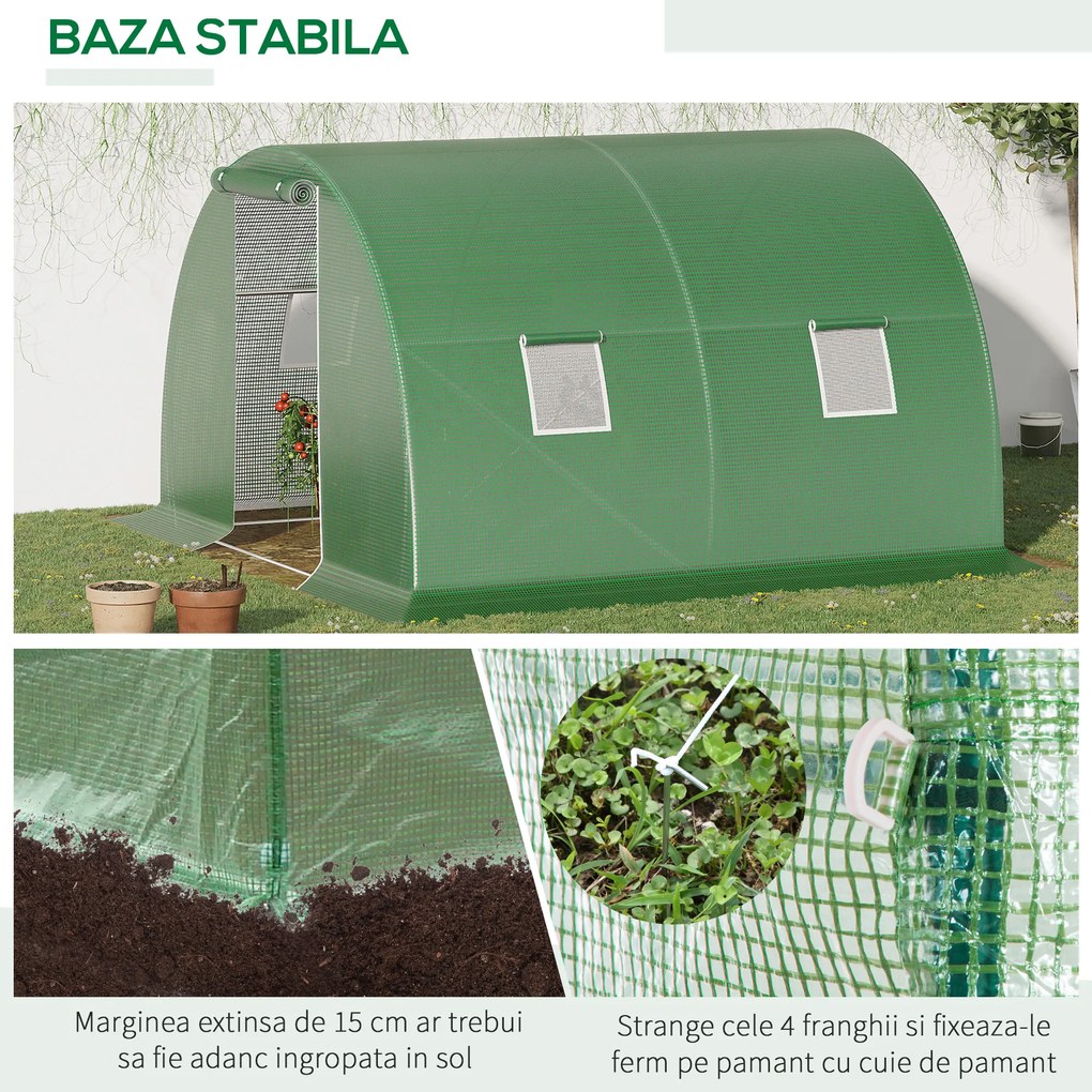 Outsunny Sera de gradina si legume cu protectie din PE, Sera pentru plante cu usa si ferestre cu strangere tip rulou, 3x3x2m, verde | Aosom Romania