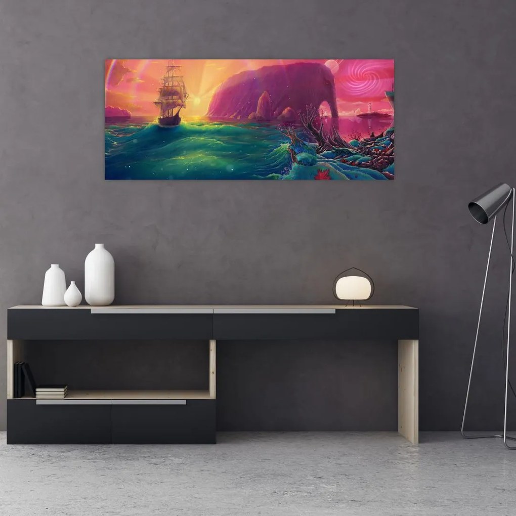 Tablou - Pictură în ulei, călătorie într-un țărăm fantastic (120x50 cm)