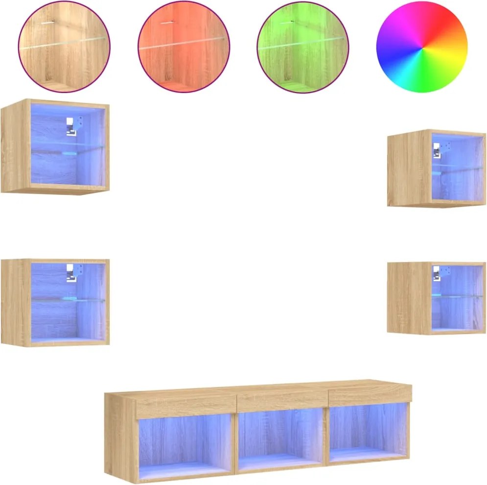 vidaXL Unități de perete TV cu LED-uri, 7 piese, stejar sonoma, lemn