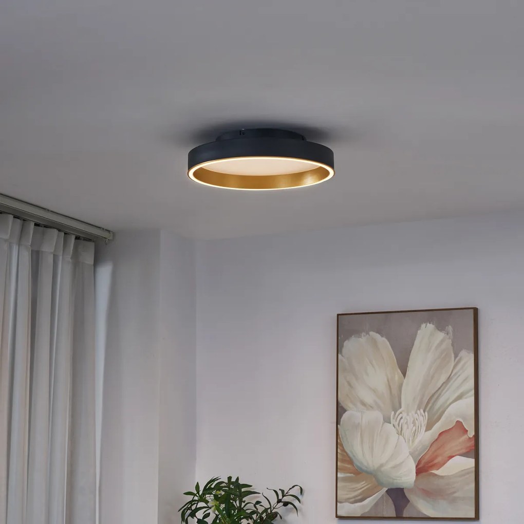 Plafonieră de design neagră cu auriu 40cm, incl. LED și întrerupător cu 3 trepte - Ingo