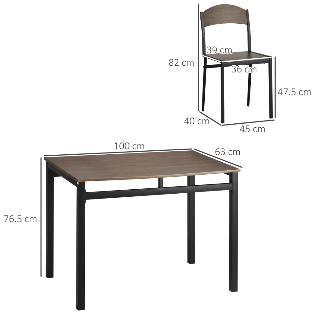 Set de sufragerie 5 piese, masa dreptunghiulara 100x63x76,5 cm, 4 scaune 45x40x82 cm, otel si MDF, maro negru HOMCOM | Aosom RO