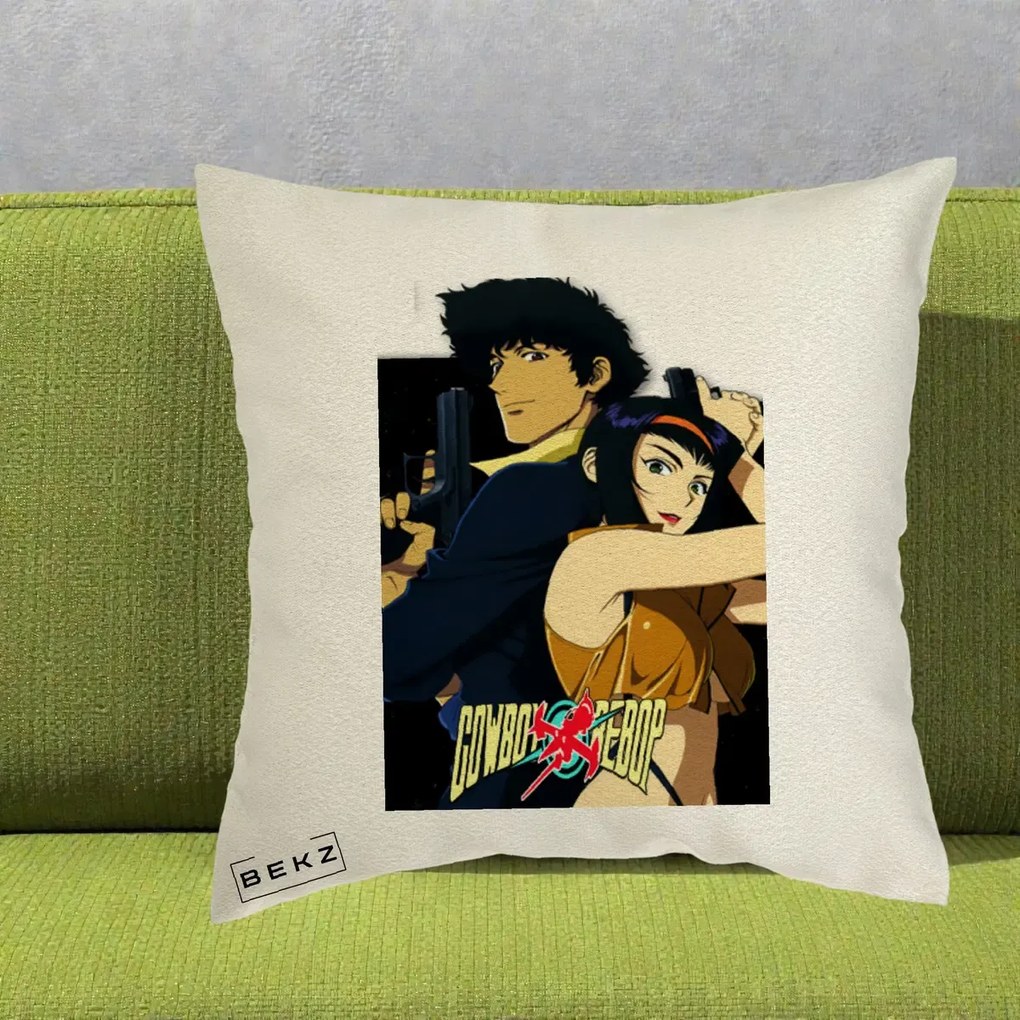 Perna Personalizata Cowboy Bebop Spike si Faye Poster, 40x40 cm, Ecru, Husa Detasabila, Perna Inclusa, BEKZ®