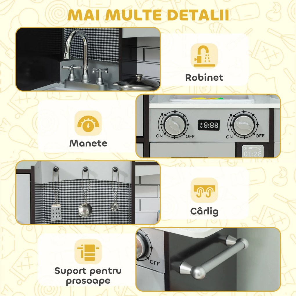 AIYAPLAY Bucătărie de Jucărie pentru Copii 3-8 Ani din Lemn cu Accesorii, Frigider, Chiuvetă și Buton cu Sunete, Maro | Aosom Romania