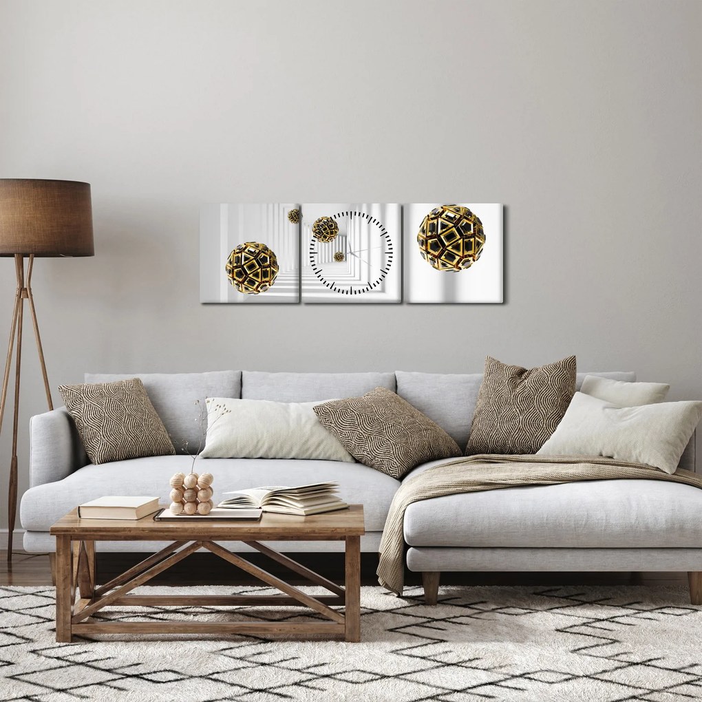 Tablou abstract cu mingi de fotbal (cu ceas) (90x30 cm)