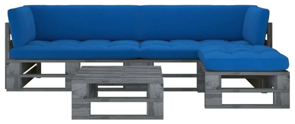 Set mobilier paleti cu perne, 4 piese, lemn pin gri tratat Albastru regal, 2x colt + suport pentru picioare + masa, Gri, 1