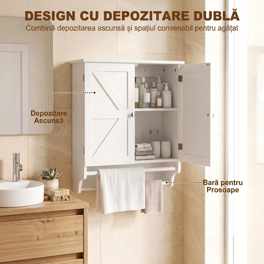 HOMCOM Dulap Suspendat pentru Baie, Economie de Spațiu, cu 2 Uși și Suport pentru Prosoape, Alb | Aosom Romania