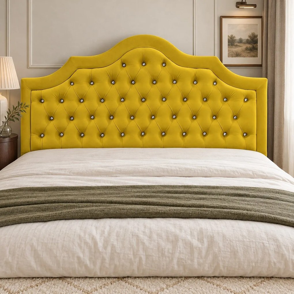 Pat tapițat Chesterfield din catifea Imperio Deluxe 140×200 cm, galben muștar, cu ladă de depozitare