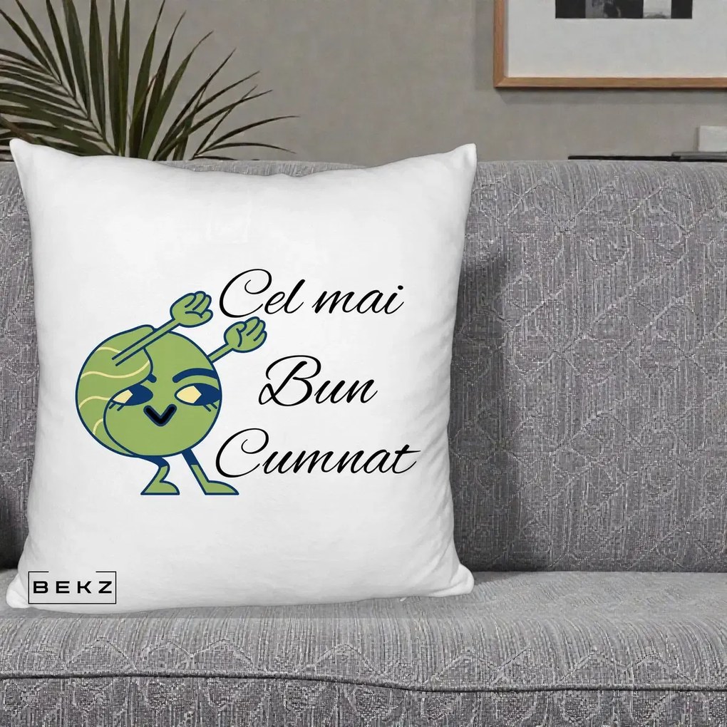 Cadou pentru Cumnat - Perna Personalizata Cel mai Bun Cumnat cu Personaj Funny Verde, 40x40 cm, Alb Pufos, Husa Detasabila, Perna Inclusa, BEKZ®