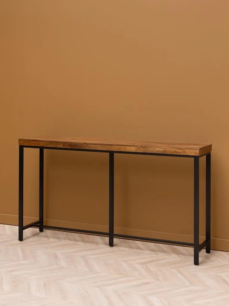 Consolă din lemn de mango, cu blat maro antichizat și picioare din metal negru, finisaj satinat, 180.5×40×98.5 cm, „Kirt"