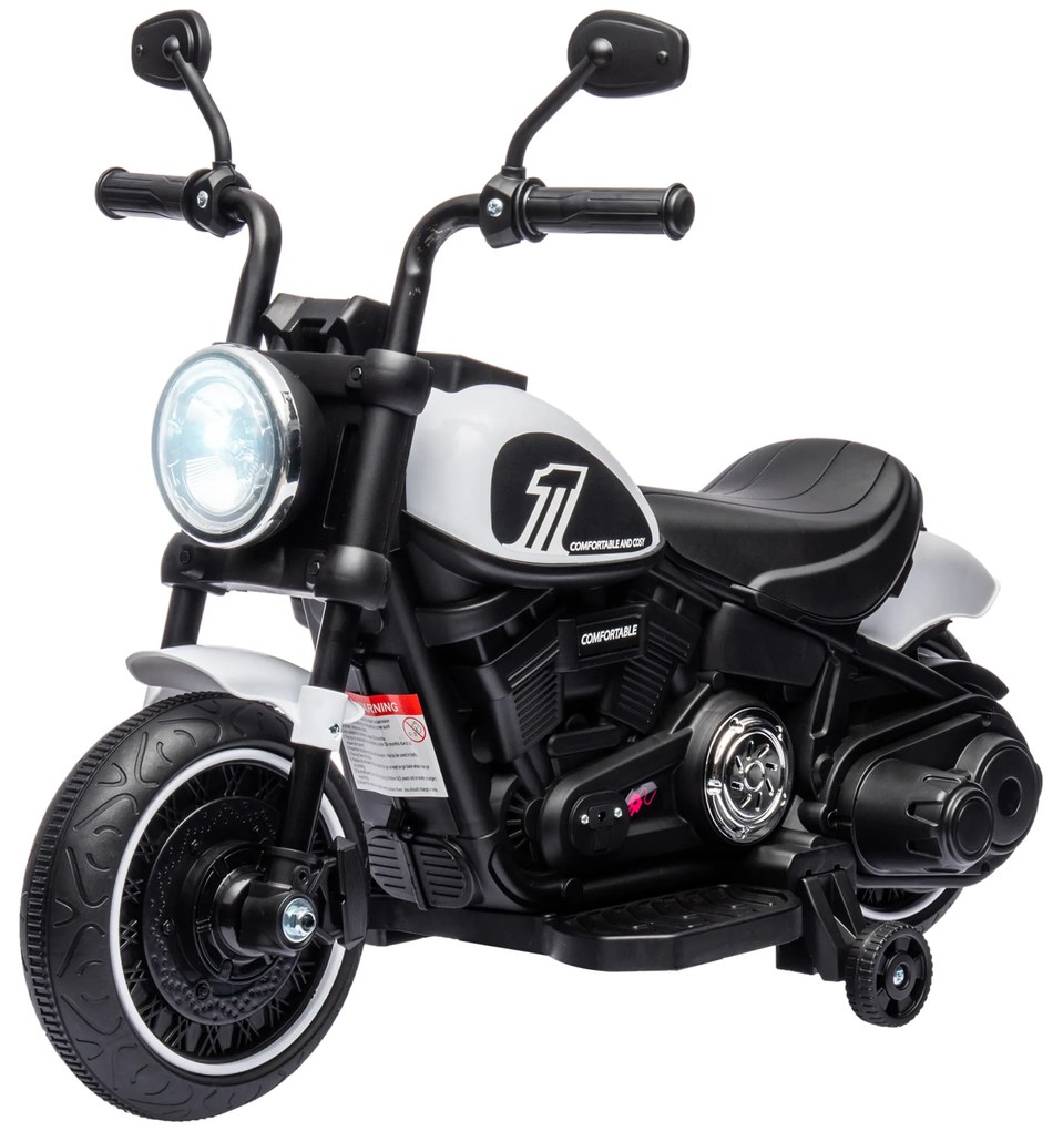 HOMCOM Motocicletă electrică pentru copii 3 km/h 6V cu far cu LED 2 roți de antrenament de la 18 la 36 luni cu motor puternic alb | Aosom Romania