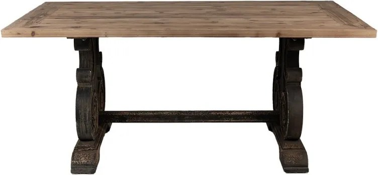 Masă dining shabby chic dreptunghiulară din lemn, natur, 8 locuri, cu bază în volute, finisaj negru antichizat, 78 x 180 x 90 cm, „Château”