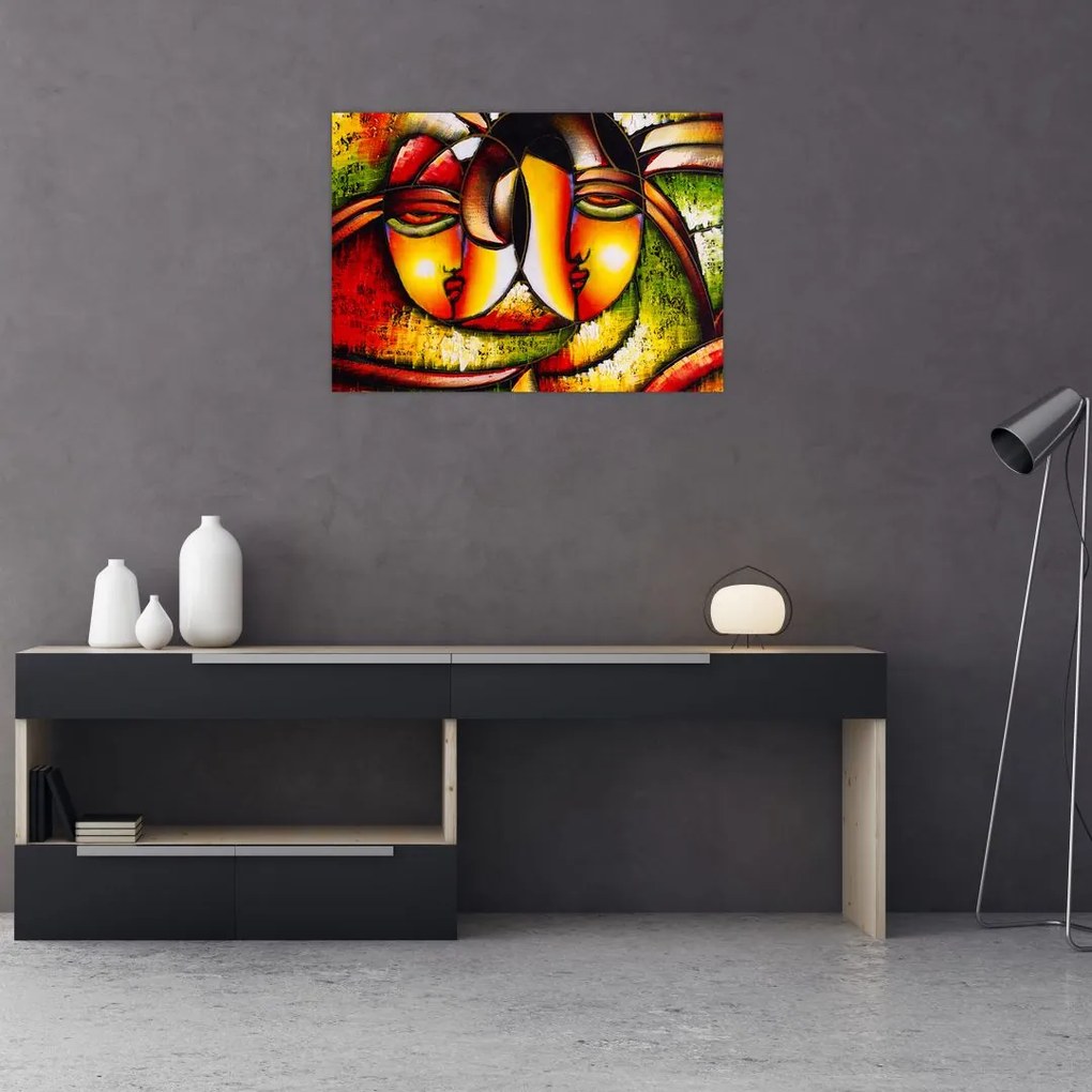 Tablou pe sticlă - Pictură în ulei, chipuri abstracte (70x50 cm)