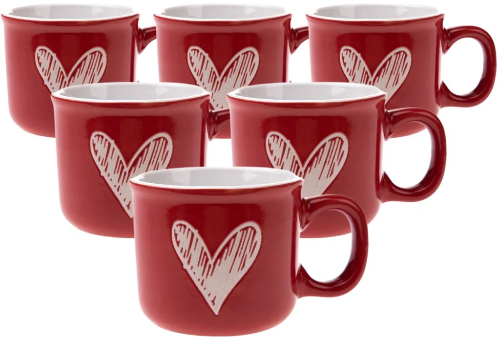Set de 6 căni ceramice Inimioară I, 90 ml, roșu