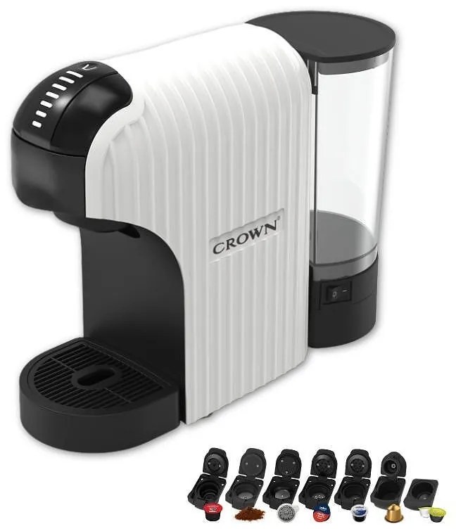 Espressor cu capsule 7in1 Crown CCM-1531W, 1400 W, 20 bar, 0.9 L, 7 adaptoare, Indicatoare LED, Controlul lungimii cafelei, Alb/Negru
