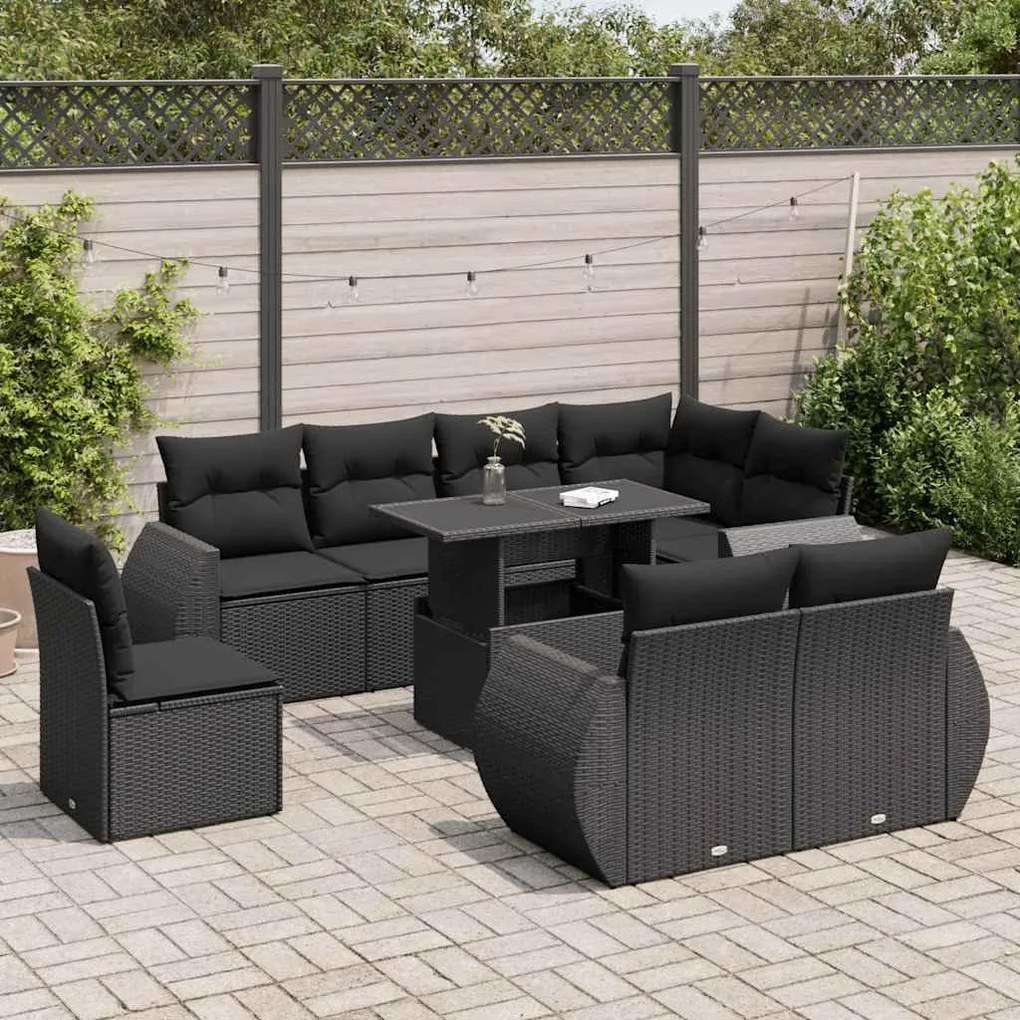 3326656 vidaXL Set mobilier de grădină cu perne, 9 piese, negru, poliratan