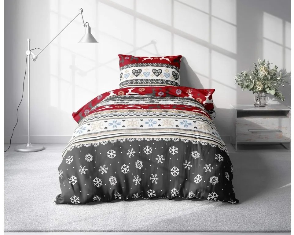 Lenjerie de pat flanel CHRISTMAS DEER rosu + cearceaf microplus SOFT 90x200 cm alb