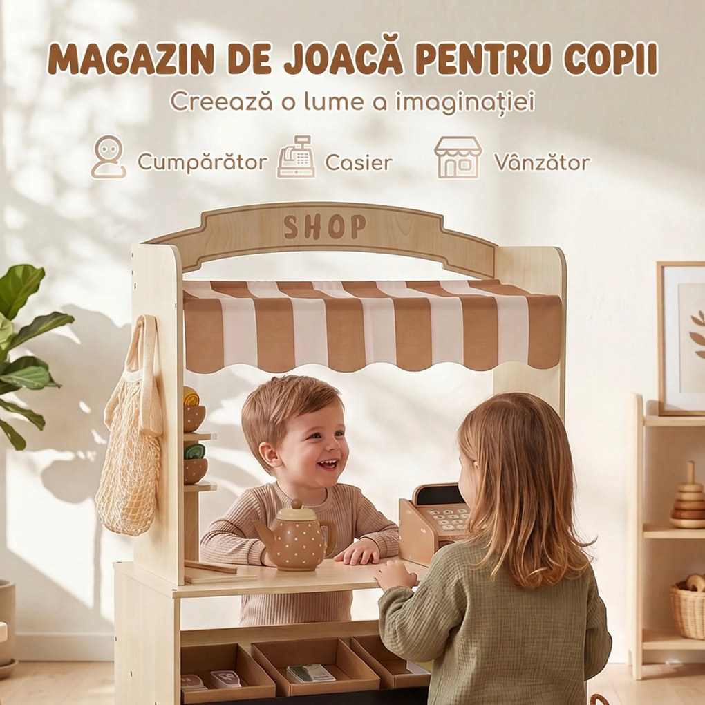 AIYAPLAY Magazin de jucărie din lemn pentru copii, tarabă cu alimente, tablă, 61 accesorii, 3-8 ani, culoare lemn | Aosom Romania