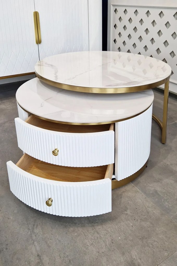 Masa de cafea Ivo alb/marmura alba/auriu ø80/h42 cm