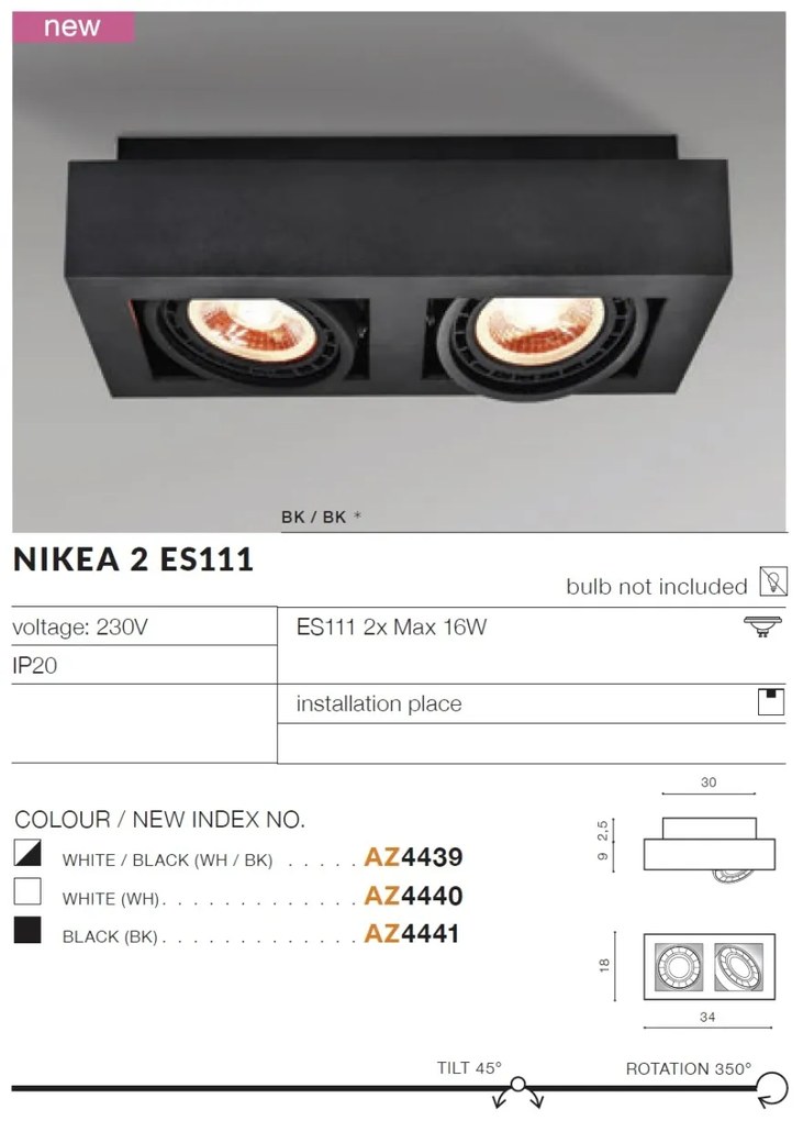 Spot aplicat directionabil de tavan/plafon NIKEA 2 ES111 negru