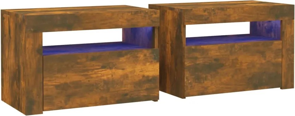 vidaXL Noptiere cu lumini LED, 2 buc., stejar afumat, 60x35x40 cm