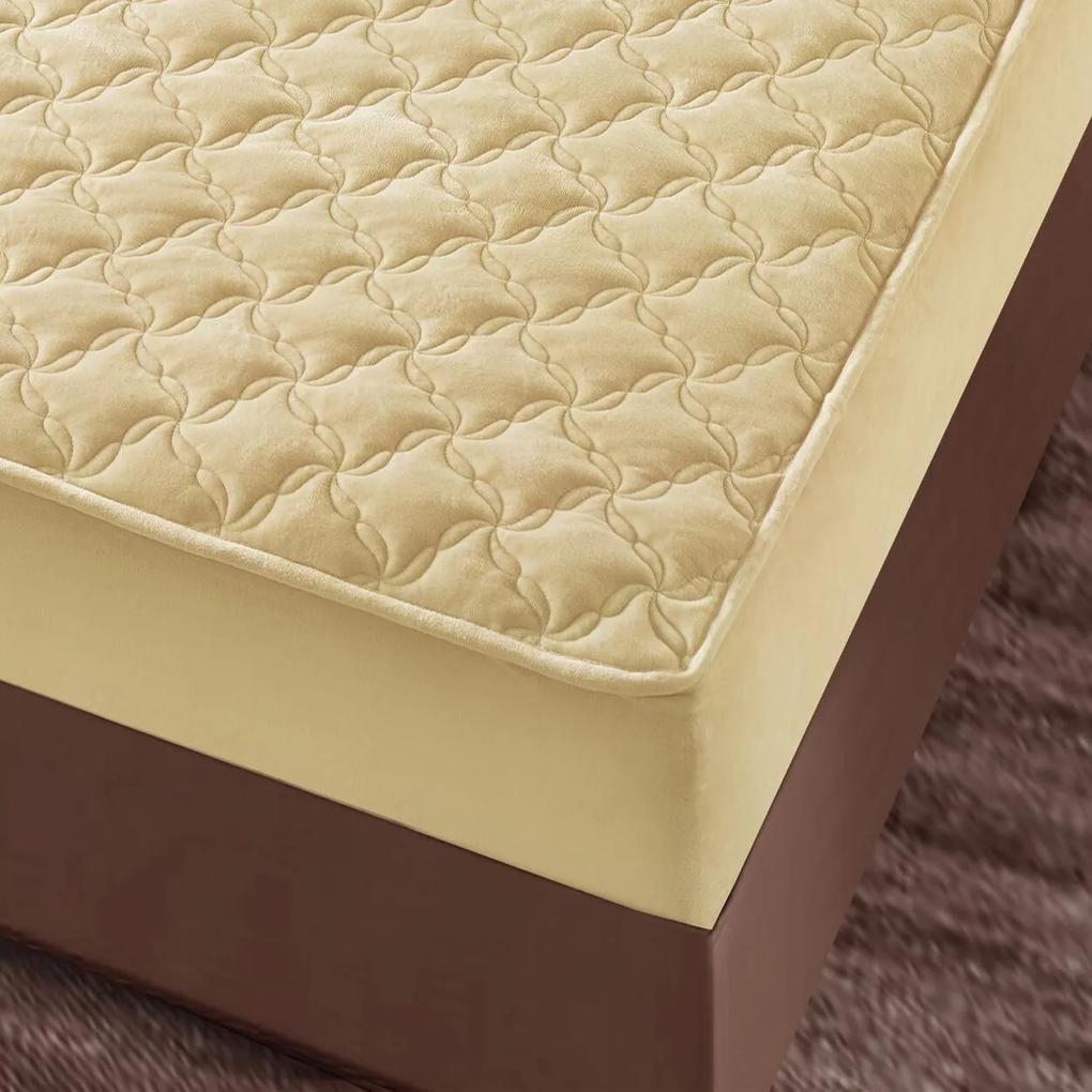 Husa de pat matlasata si 2 fete de perne din catifea, cu elastic, model tip topper, pentru saltea 140x200 cm, crem, HTC-24