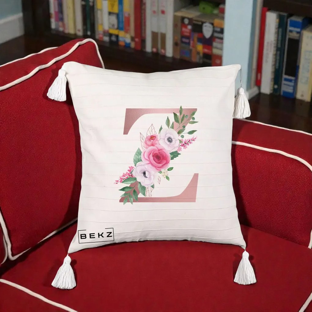 Cadou Personalizat - Perna Personalizata Monograma Rose Gold Litera Z, 40x40 cm, Bej cu Franjuri, Husa Detasabila, Perna Inclusa, BEKZ®