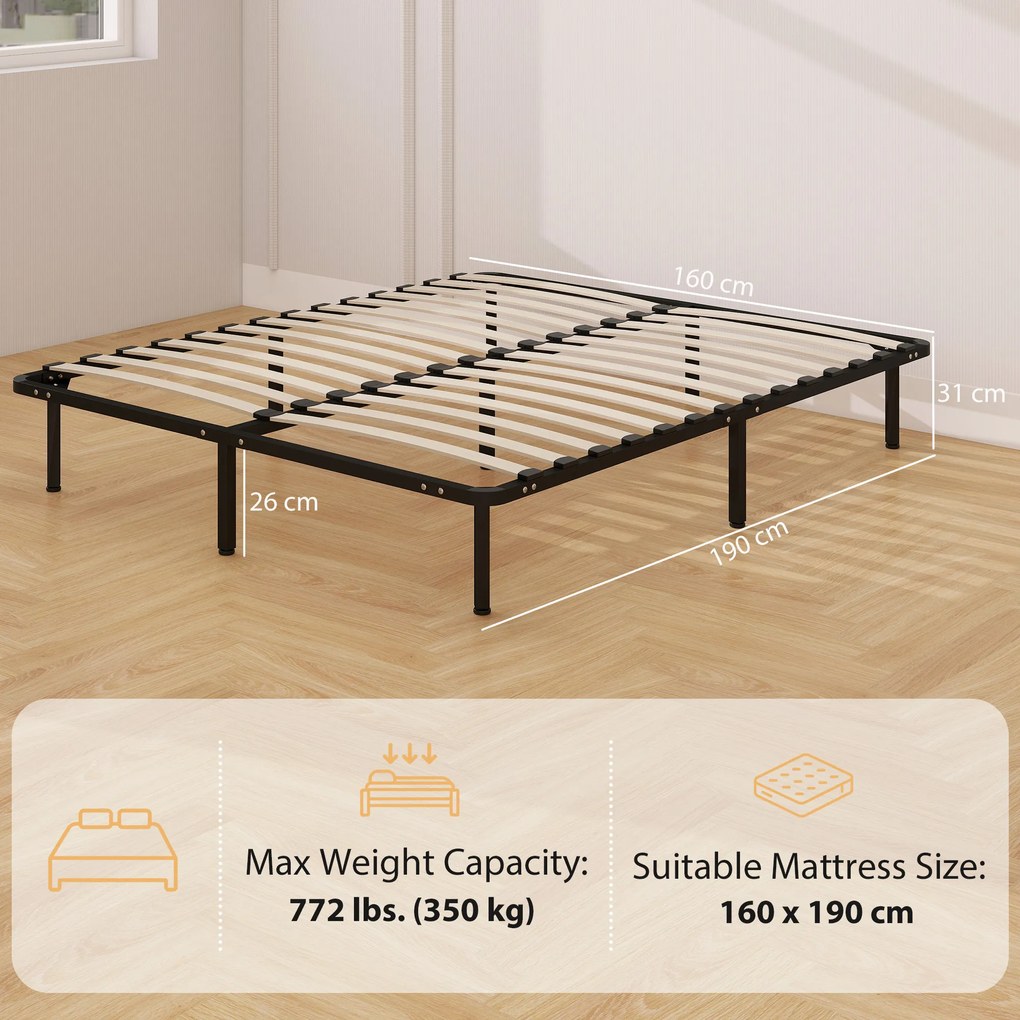 HOMCOM Pat Matrimonial Industrial cu 28 de Doghe și Spațiu de Depozitare, din Lemn și Oțel, 190x160x31 cm, Negru și Lemn | Aosom Romania