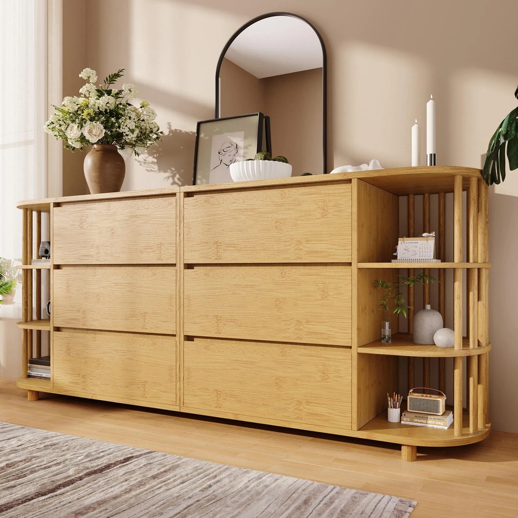 Comodă Sideboard, 6 sertare &amp; rafturi deschise, design în stil roman cu coloane &amp; rafturi din bambus, 160x40x75 cm, Culoare naturală