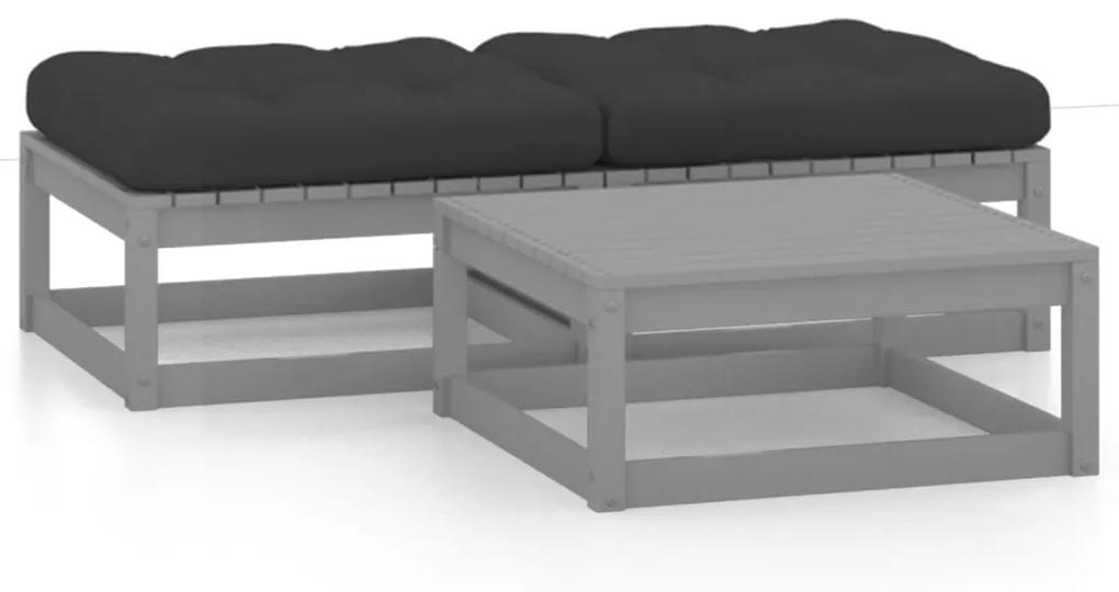 Set mobilier de gradina cu perne, 3 piese, lemn masiv de pin Gri, 1