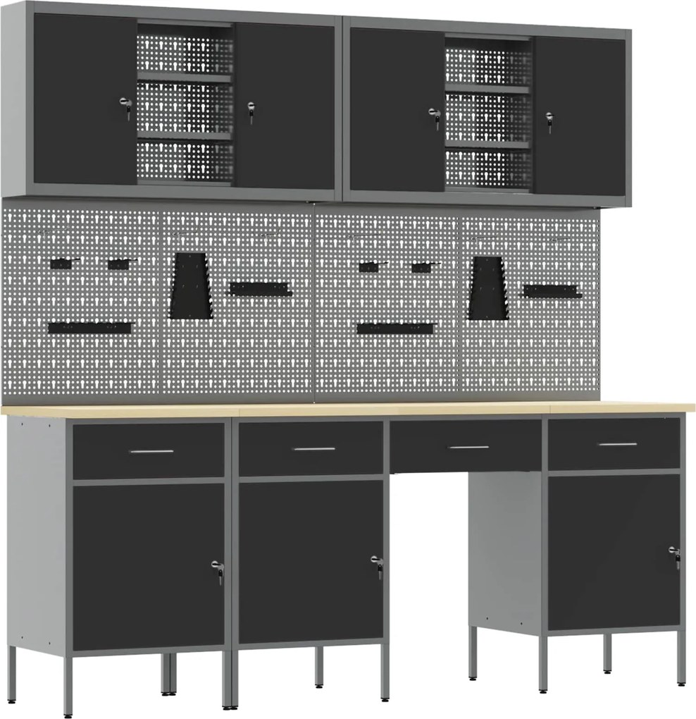 vidaXL Dulap de lucru cu sertar 10 pcs Negru Lemn ingineresc și oțel