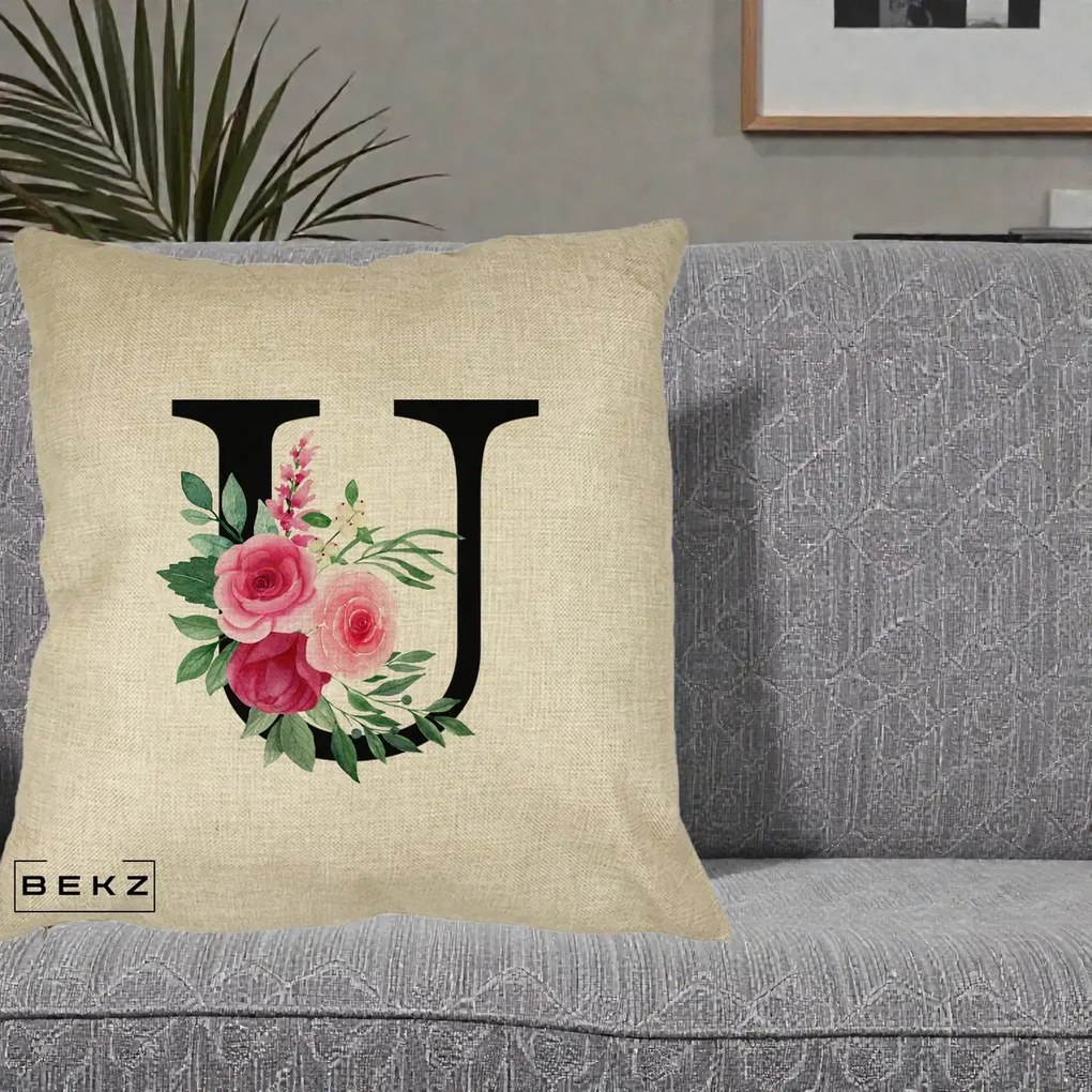 Cadou Personalizat - Perna Personalizata Monograma Florala Litera U, 40x40 cm, Crem, Husa Detasabila, Perna Inclusa, BEKZ®