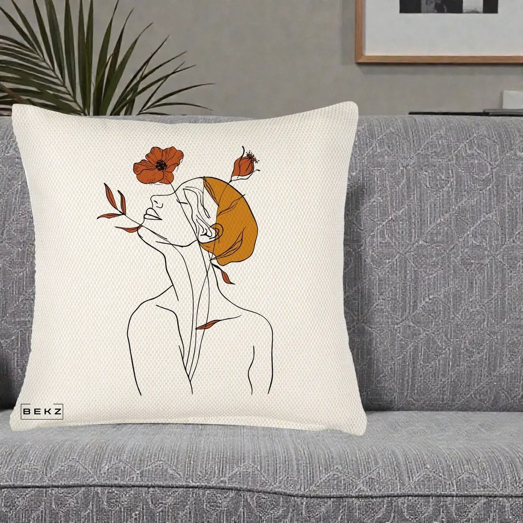 Perna Decorativa Portret Feminin Mac Privire Inalta, 40x40 cm, Crem Reliefat, Husa Detasabila, Perna Inclusa, BEKZ®