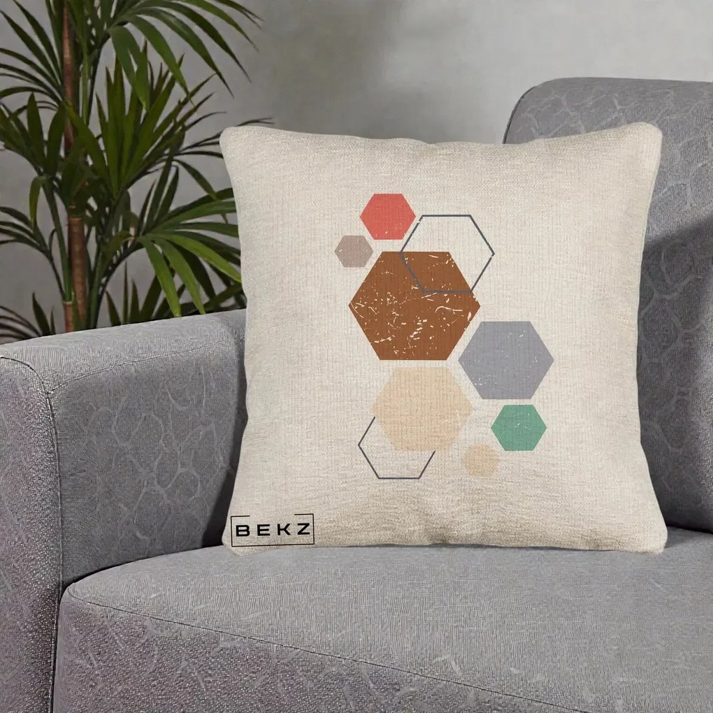 Perna decorativa boho Geometric Hexagoane Multicolor, 40x40 cm cu Umplutura, Bej Canapea, BEKZ