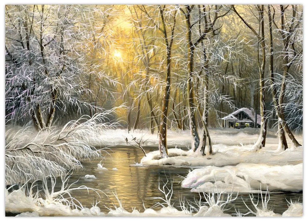 Tablou pe sticlă - Cabană în pădure, pictură în uei (70x50 cm)