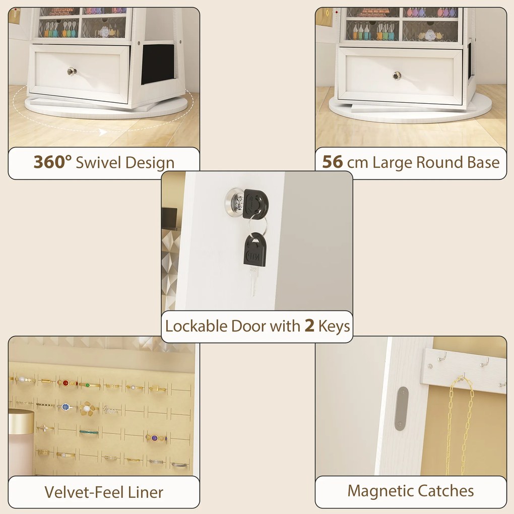 HOMCOM Oglindă-dulap pentru bijuterii cu LED-uri Dulap pentru bijuterii cu oglindă integrală Rotativ 360° Sertar Încuietoare Alb | Aosom Romania