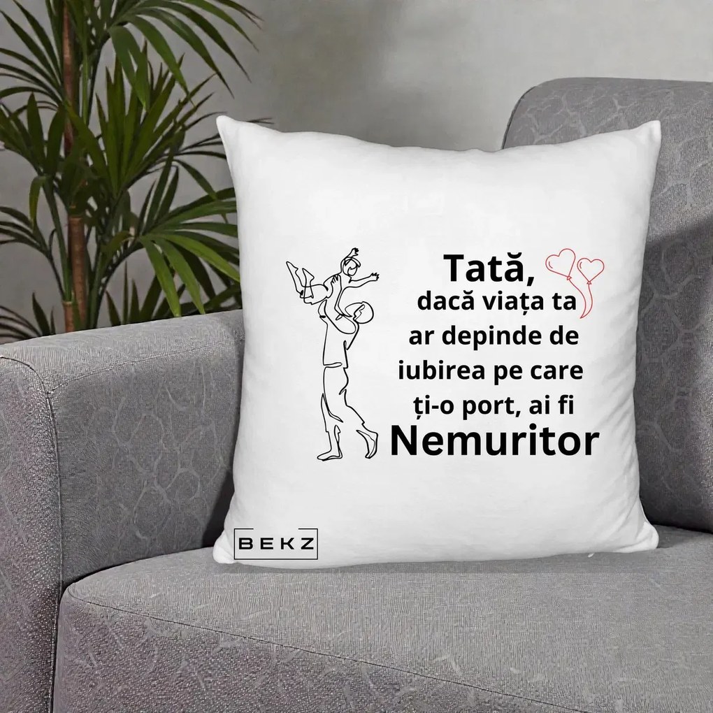 Cadou pentru Tata - Perna Personalizata Tata Nemuritor Joaca in Aer, 40x40 cm, Alb Pufos, Husa Detasabila, Perna Inclusa, BEKZ®